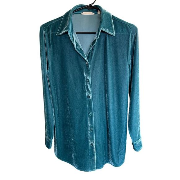 Soft Surroundings Green Blue Teal Velvet Button Up Tunic Top Long Sleeve XS - Picture 1 of 9
